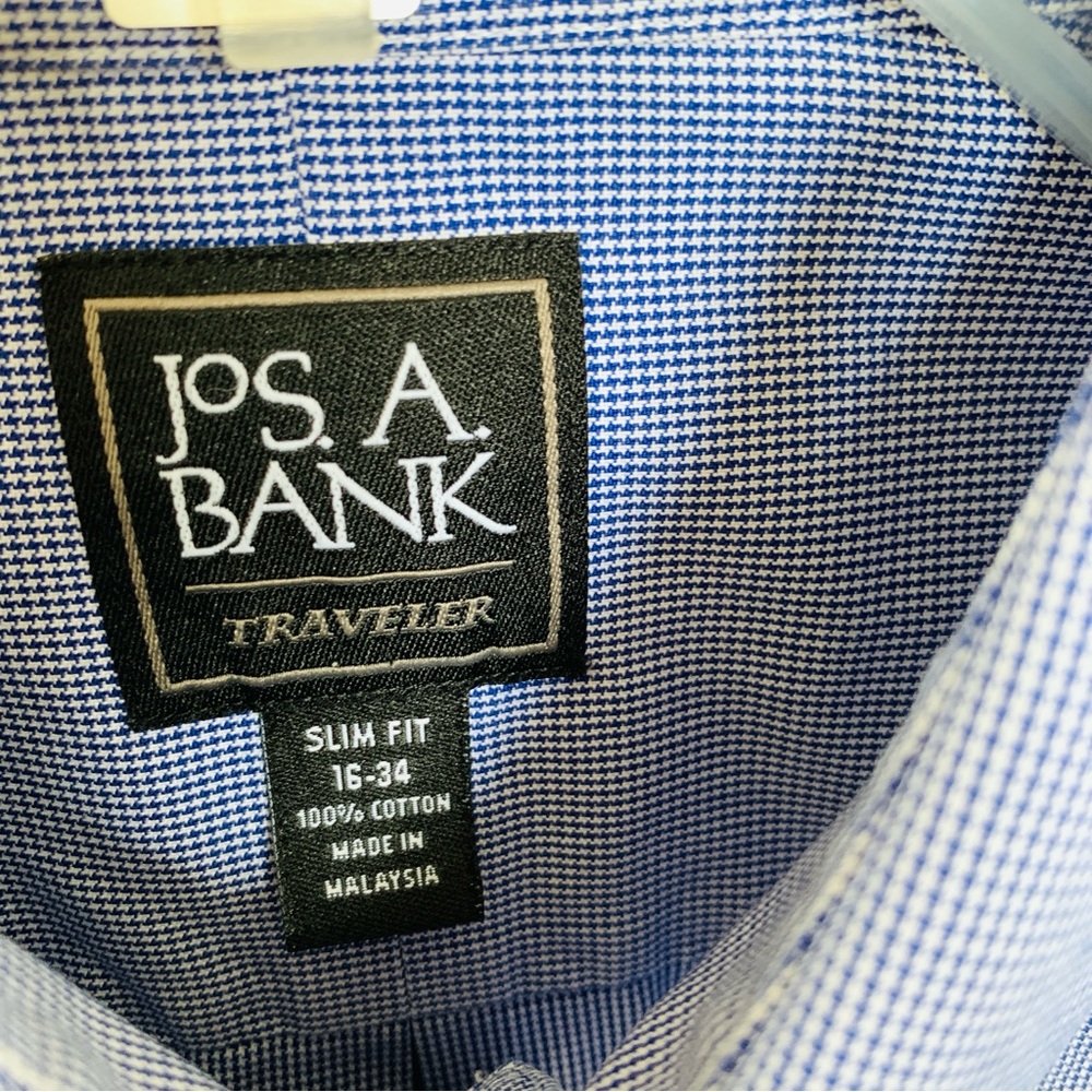 Jos.A.Bank Traveler Slim Fit Dress Shirt Mens long Sleeve Houndstooth Blue 16-34 - Picture 3 of 15